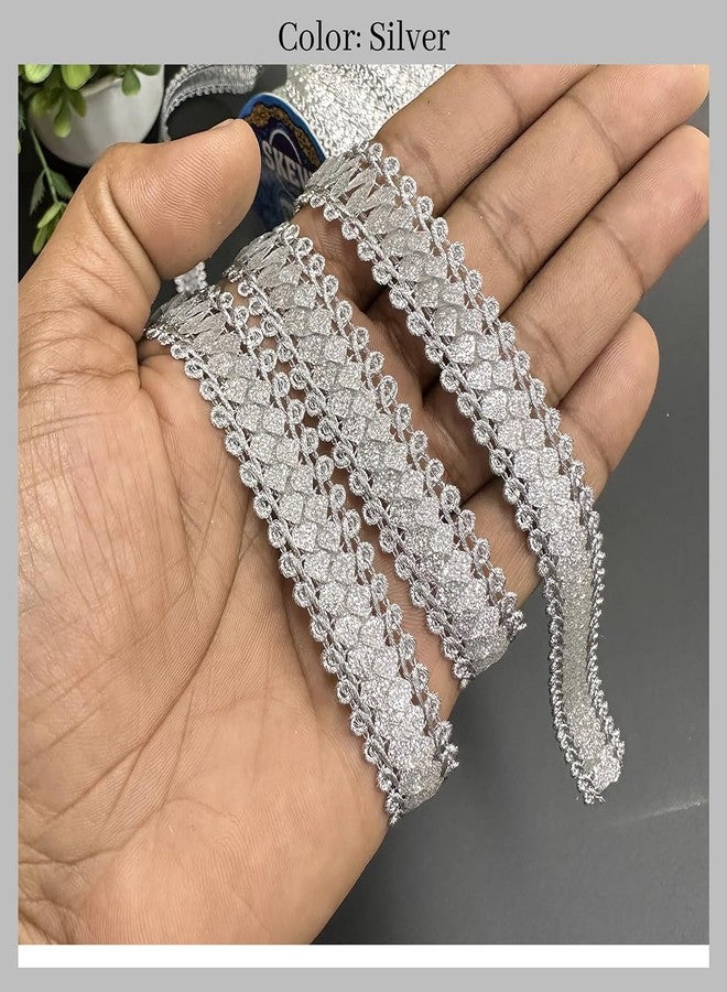 EmbroideryMaterial Shiny Silver Zari Border Lace for Sewing, Embroidery, Edging, Saree Border, Blouse, Dupatta Border, Lehenga, Kurti etc (18 Meters, 15mm Wide) - Image 3